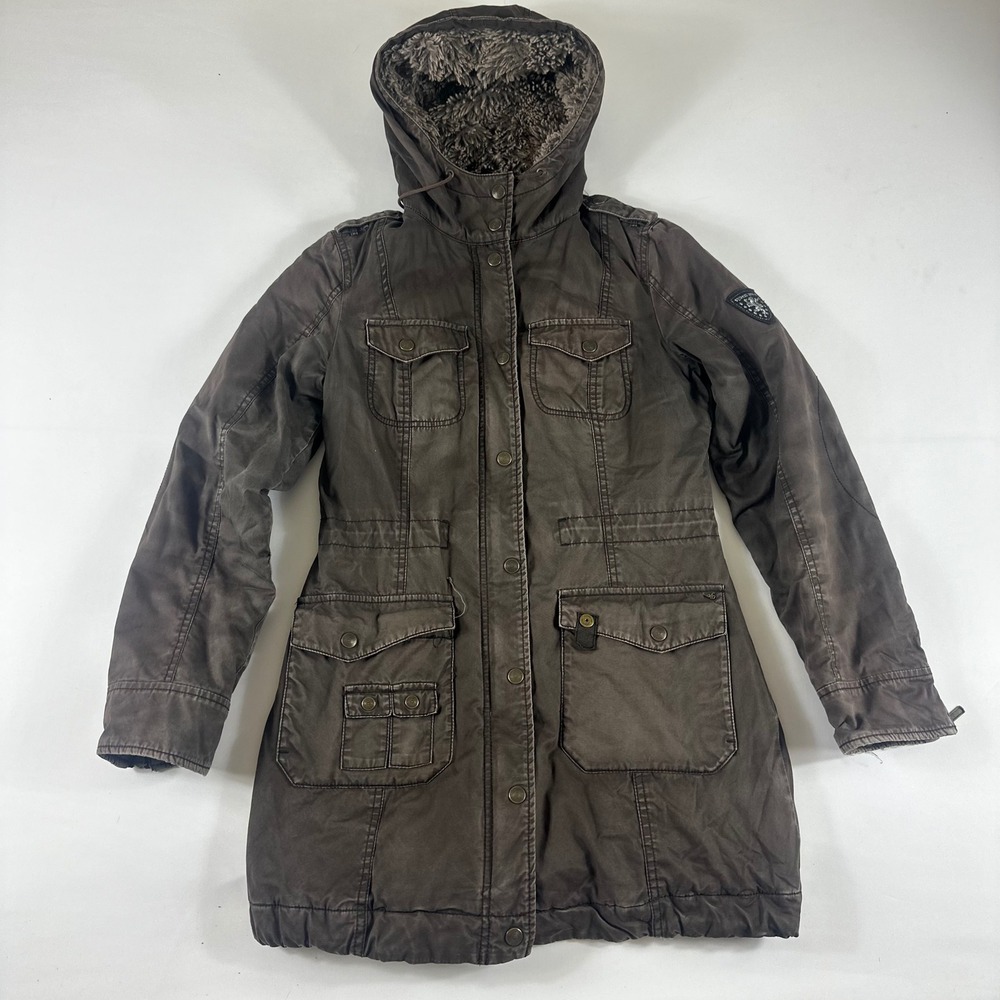 VTG Esprit de Corps Size XS Dark Brown Hooded Parka Jacket‎ Faux Fur Pockets